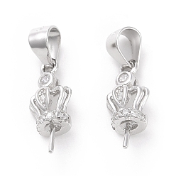 Платина Родиевое покрытие 925 колышки для чашек из стерлингового серебра, с прозрачной кубической циконией, корона, за половину пробурено бисера, платина, 15x6.5x4.5 мм, отверстие : 4.5 мм, штифты : 0.6 мм