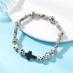 Смешанные камни Браслеты из бусин натуральной далматинской яшмы и синтетической бирюзы., эластичные браслеты для женщин, крестик, внутренний диаметр: 2.05 дюйм (5.2 см)