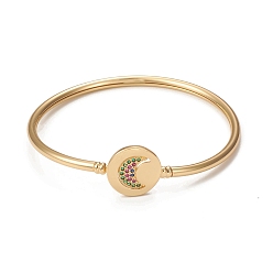 Colorful Rack Plating Brass Micro Pave Cubic Zirconia Bangles, Real 18K Gold Plated Flat Round with Moon Clasp Bangles, Long-Lasting Plated, Cadmium Free & Lead Free, Colorful, Inner Diameter: 2-1/4 inch(5.6cm)