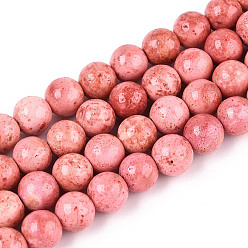 Лосось Окрашенные нити синтетических окаменелостей, круглые, salmon, 6.5x6 мм, отверстие : 0.9 мм, около 64 шт / нитка, 15.75'' (40 см)