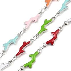 Нержавеющая Сталь Цвет 304 Цепи из нержавеющей стали с эмалированными коралловыми звеньями, пайки, без свинца, без кадмии и без никеля, цвет нержавеющей стали, 15.5x6x1.8 мм