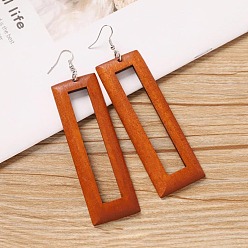 Rectangle Серьги-подвески из сплава дерева, платина, прямоугольные, 92x30 мм