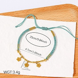 Fleur Bracelet bohème ajustable avec breloque en acier inoxydable et cordon en coton tressé, or, turquoise, fleur, 304 pouce (9.84 cm)
