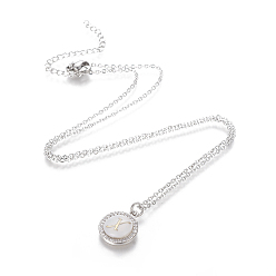 Letter X Brass Initial Pendant Necklaces, with Shell, Cubic Zirconia and 304 Stainless Steel Cable Chains, Flat Round with Letter, Letter.X, 17.5 inch(44.5cm), 1.5mm