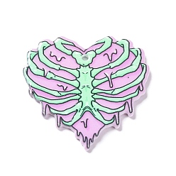 Pink Печатные акриловые подвески, сердце со скелетом, розовые, 34.5x35.5x2 мм, отверстие : 1.6 мм