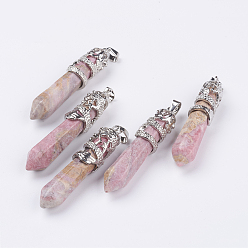 Rhodochrosite Natural Rhodochrosite Big Pointed Pendants, with Alloy Findings, Faceted, Bullet, Platinum, 59~63x11~12mm, Hole: 4x7mm