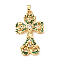 Verde Micro latón allanan colgantes cúbicos del zirconia, encantos cruzados, chapado en rack, larga duración plateado, sin plomo y el cadmio, real 18 k chapado en oro, verde, 44x27x4.5 mm, agujero: 6x2.5 mm