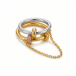 Pink 304 Stainless Steel Micro Pave Cubic Zirconia Finger Rings, Golden & Stainless Steel Color, Pink, US Size 7(17.3mm)