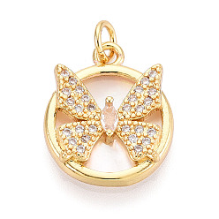 Настоящее золото 18K Латунные микропаве прозрачные подвески с фианитом, без кадмия и без свинца, с оболочкой, плоские круглые с бабочкой, с целью перехода в кольце, реальный 18 k позолоченный, 18x15x4 мм, отверстие : 3.5 мм
