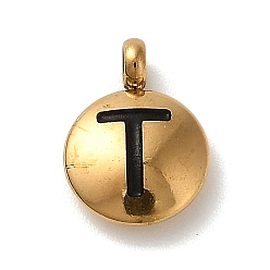 Letter T 304 подвески из нержавеющей стали с черной эмалью, золотые, плоский круглый с подвеской в виде буквы, Письмо T, 11x8x2.5 мм, отверстие : 1.8 мм
