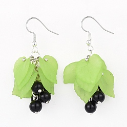 Зелено-Желтый Акриловые серьги болтаться, с крючками из натурального черного агата и латуни, зеленый желтый, 45~47 мм, штифты : 0.6 мм
