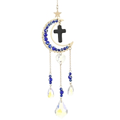 Azul Atrapasueños de luna de turquesa sintética y latón con cruz, Colgante de cristal en forma de lágrima y cuenta de vidrio soplado hecha a mano con ojo turco para decoración de ventanas., azul, 252 mm, agujero: 8 mm