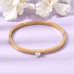 Real 18K Gold Plated 304 Stainless Steel Pave Clear Cubic Zirconia Heart Hinged Cuff Bangles for Women, Ion Plating(IP), Real 18K Gold Plated, Inner Diameter: 1.97x2.28 inch(5x5.8cm)