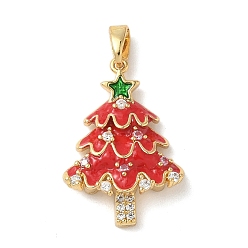 Рождественская елка Рождественские латунные подвески с микропаве из фианита, с эмалью, золотые, рождественская елка, 23x16x5 мм, отверстие : 5x3 мм