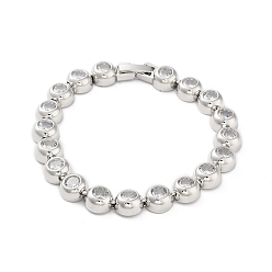 Platinum Brass Flat Round Link Chain Bracelets, Cubic Zirconia Tennis Bracelet, Platinum, 7-5/8 inch(19.4cm), Wide: 8mm