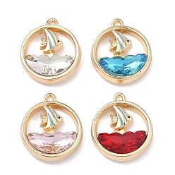 (52) Непрозрачная лаванда Сплав стекла подвески, плоская круглая форма с подвесками в виде парусников, стойки покрытие, без кадмия, без никеля и без свинца, золотые, разноцветные, 18x15.5~16x4~4.5 мм, отверстие : 1.2~1.4 мм