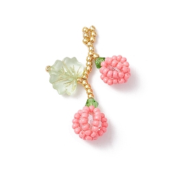 Pink Подвески из стеклянных бусин в виде ягод и листьев, со стеклом и акрилом, розовые, 35x22x10 мм, отверстие : 2 мм