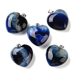 Azul Colgantes de ágata con núcleo de cristal natural teñidos y calentados, con 304 presas de acero inoxidable a presión, encantos del corazón, color acero inoxidable, azul, 32~33x30x13~14 mm, agujero: 7x4 mm
