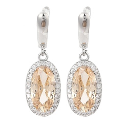 Персиковый Слойка Латунные серьги-гвоздики с паве из кубического циркония овальной формы для женщин, платина, розовые, 35x11.5 мм