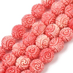 Light Coral Dyed Synthetic Coral Carved Beads Strands, Floral Round Beads, Two Tone, Light Coral, 10.5~11x9.5~10mm, Hole: 1.4mm, about 38pcs/strand, 14.96''(38cm)