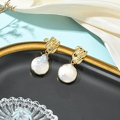 Золотой 304 Серьги из нержавеющей стали, круглые, с натуральным культивированным пресноводным жемчугом, золотые, 28~30x13~14 мм