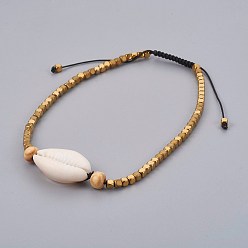 Темно-Золотистый Регулируемые нейлоновые шнурки плетеные браслеты, с каури и дровами, гальванизирует немагнитных гематита бусы, темные золотарник, 2-3/4 дюйм ~ 4 дюйм (7~10.3 см)