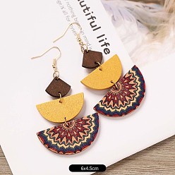 Разноцветный Серьги-гвоздики из дерева и сплава в богемном стиле, полукруглый, золотые, красочный, 60x45 мм