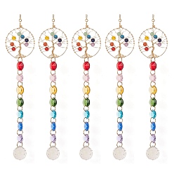 Real 18K Gold Plated Chakra Octagon Glass Beaded Pendant Decorations, Suncatchers, Rainbow Maker, with Gemstone, Clear Faceted Glass Pendants, Flat Round with Tree of Life, Real 18K Gold Plated, 355mm, Hole: 10mm