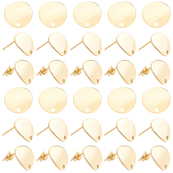Real 18K Gold Plated 20Pcs Flat Round Brass Stud Earring Findings, with Loop, with 20Pcs Brass Ear Nuts, Real 18K Gold Plated, 12mm, Hole: 1.5mm, Pin: 1mm