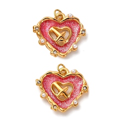 Светло-Вишневый 304 нержавеющей стальной эмали подвески, с искусственным жемчугом и стразами из АБС-пластика и соединительным кольцом, шарма сердца, ионное покрытие (ip), реальный 18 k позолоченный, светло-вишневый, 16x18x3.5 мм, отверстие : 2.5 мм