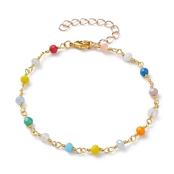 Golden Glass Beaded Bracelets, with Brass Lobster Claw Clasps, Rondelle, Colorful, Golden, 7-1/2 inch(19cm)
