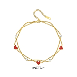 Красный Браслеты с подвесками Golden из нержавеющей стали, с кубического циркония, сердце, красные, 9-1/8 дюйм (23 см)