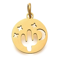 Настоящее золото 18K 304 прелести нержавеющей стали, с целью перехода в кольце, плоский круглый с подвеской в виде кактуса, звезды и луны, лазерная резка, ионное покрытие (ip), реальный 18 k позолоченный, 14x12x1 мм, отверстие : 3 мм