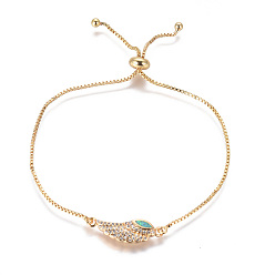 Green Adjustable Brass Bolo Bracelets, Slider Bracelets, Box Chains, with Synthetic Opal and Cubic Zirconia, Wing, Green, 9-3/4 inch(24.7cm), 1mm