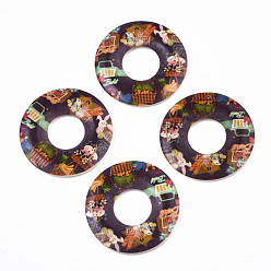 Coconut Brown Printed Wood Pendants, Donut with Animal Pattern, Coconut Brown, 45x5mm, Hole: 1.6mm