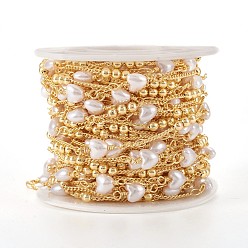 Настоящее золото 18K Латунная цепочка из бисера ручной работы, бордюрные цепи, с сердечком пластиковые бусины, долговечный, пайки, с катушкой, реальный 18 k позолоченный, ссылка: 4x2x0.3 mm, Сердце: 13x6x4 mm, круглый : 3 мм, около 32.8 футов (10 м) / рулон