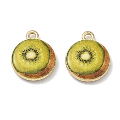 Amarillo de Verde Colgantes de la aleación impresos, encantos de kiwi, chapado en rack, sin cadmio y níque y plomo, dorado, verde amarillo, 18x15x3.5 mm, agujero: 1.8 mm