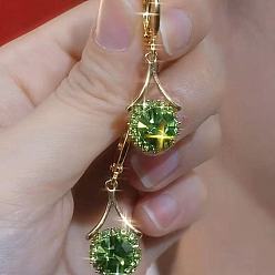 Peridot Alloy Rhinestone Hoop Dangle Earrings for Women, Round, Golden, Peridot, 30mm