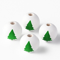 Green Painted Natural Wood Beads, Round with Christmas Tree, Green, 16x15mm, Hole: 4mm