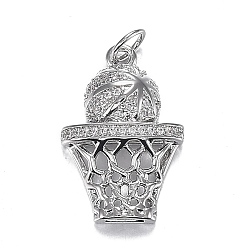 Платинированный Кулоны из латуни с прозрачным фианитом, долговечный, баскетбол и сборы, Реальная платина, 20.5x14x5 мм, отверстие : 3.5 мм