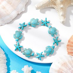Средний Бирюзовый Браслеты из синтетического бирюзового бисера для мужчин и женщин, черепаха и морская звезда, с Гальваническим немагнитных синтетическими гематита бисера, средне бирюзовый, внутренний диаметр: 2-1/8 дюйм (5.5 см)
