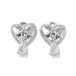Real Platinum Plated Brass Pendants, with Glass, Heart Charms, Real Platinum Plated, 14x10x4mm, Hole: 1.5mm