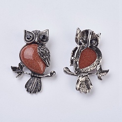 Goldstone Gemstone Pendant, with Alloy Findings, and Rhinestone, Owl, 50x35x7.5~9mm, Hole: 5x8mm
