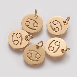 Cancer 304 Stainless Steel Charms, Flat Round with Constellation/Zodiac Sign, Golden, Cancer, 12x1mm, Hole: 3mm