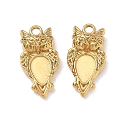 Real 18K Gold Plated 304 Stainless Steel Pendant Cabochon Settings, Owl Charms, Ion Plating(IP), Real 18K Gold Plated, 22x11x5.5mm, Hole: 2mm