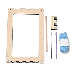 PapayaWhip Rectangle Wooden Weaving Loom Kits, with 1Pc Iron Needle, Round Rod Stick, 1 Bundle Wool Threads, Hand Knitting Tools, PapayaWhip, 30.5x20cm