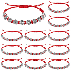 Red 24Pcs Alloy Oval with St. Benedict & Cross Beads Bracelets, Adjustable Waxed Cord Braided Bead Bracelets for Men Women, Red, Inner Diameter: 2~3-3/8 inch(5~8.7cm)
