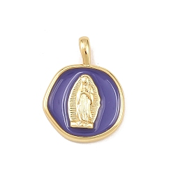 Средний Фиолетовый Латунь эмаль подвески, плоские круглые с Девой Марией, без кадмия и без свинца, стойки покрытие, долговечный, реальный 18 k позолоченный, средне фиолетовый, 18x14x4 мм, отверстие : 4x2 мм