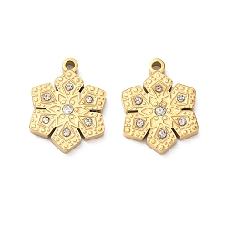 Chapado en Oro Real 18K 304 encantos de acero inoxidable, con diamantes de imitación de cristal, encantos de pétalos, real 18 k chapado en oro, 15x11.5x2 mm, agujero: 1.2 mm