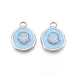 Светло-Голубой 304 подвески из нержавеющей стали, с эмалью, плоская круглая с подвесками в виде осьминогов, цвет нержавеющей стали, Небесно-голубой, 16.5x13x2 мм, отверстие : 2.5 мм